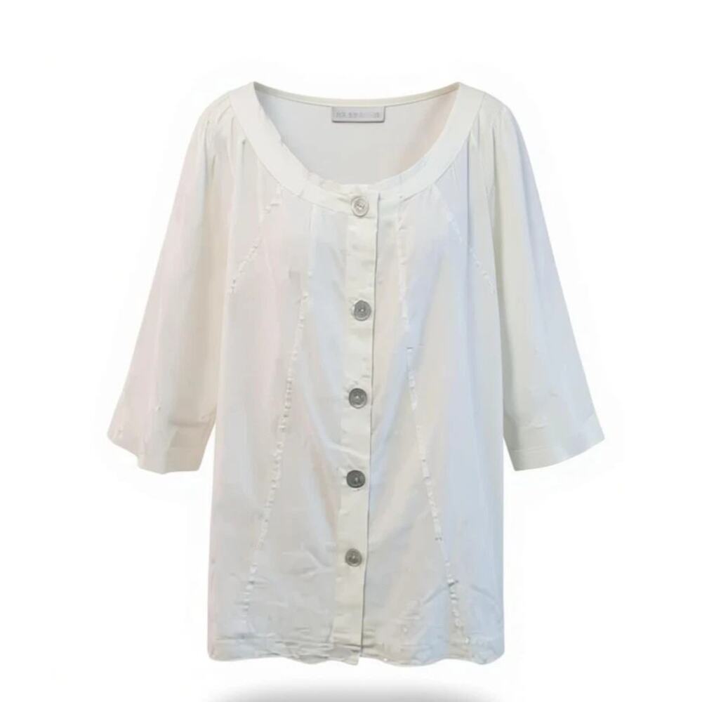 Carole Little Linen Blouse Women 1X White Button Front Plus Size Lightweight